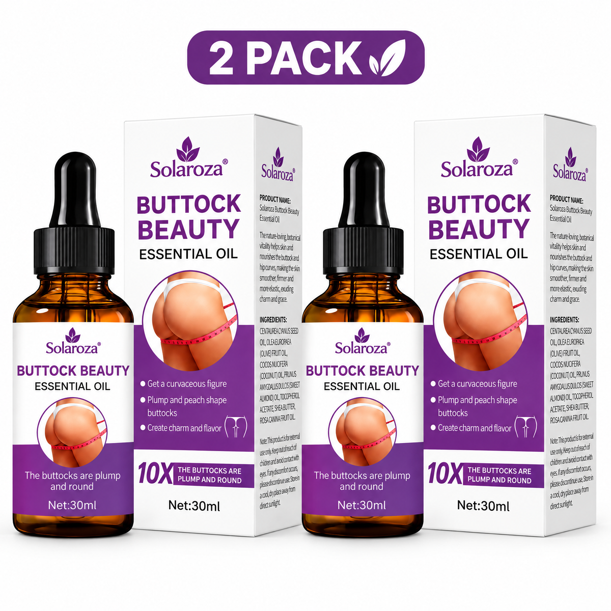 🍑 Solaroza Buttock Beauty Essential Oil - Natural Plant Extracts for Plump, Firm & Smooth Skin, Lifting & Moisturizing Massage Oil for Curves,