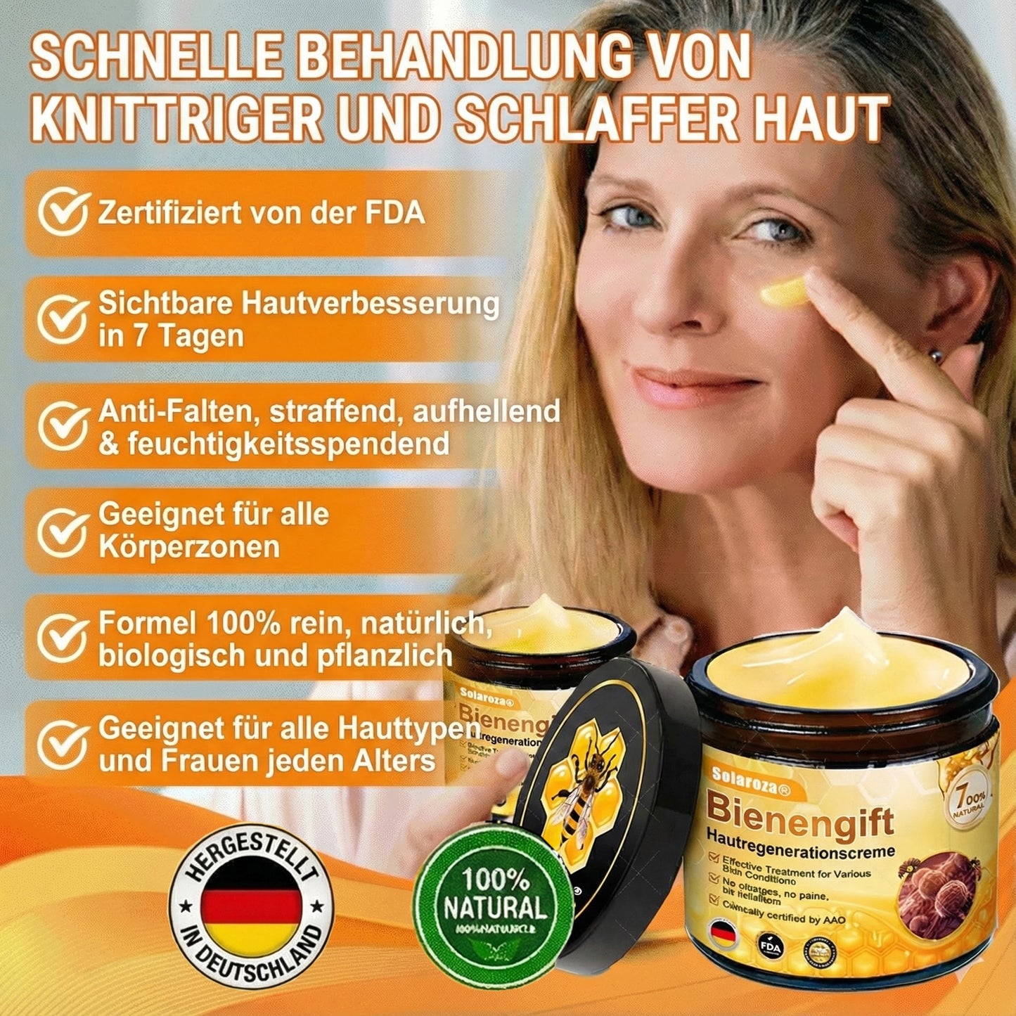 Hergestellt & versendet aus Deutschland 🇩🇪 Solaroza® Bienengift-Regenerationscreme. Starkes Anti-Aging. 100% Bienenfreundlich. ⏰ NUR NOCH HEUTE: 80% RABATT 💖